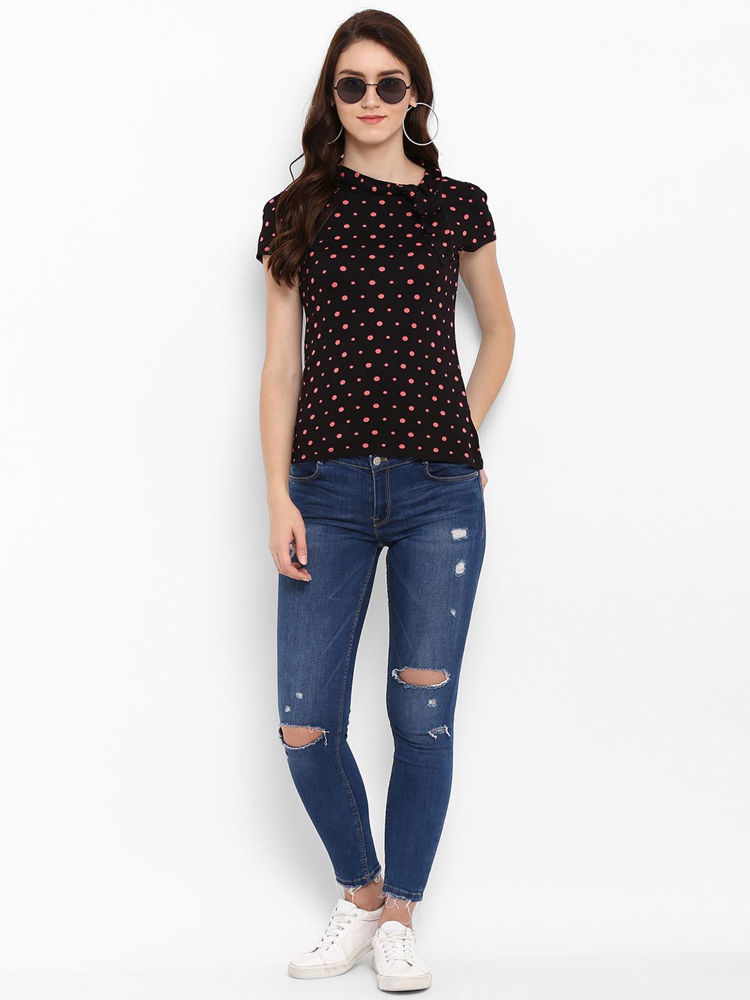 Black Polka Dot Blouse With Folded Tie-Up Neck