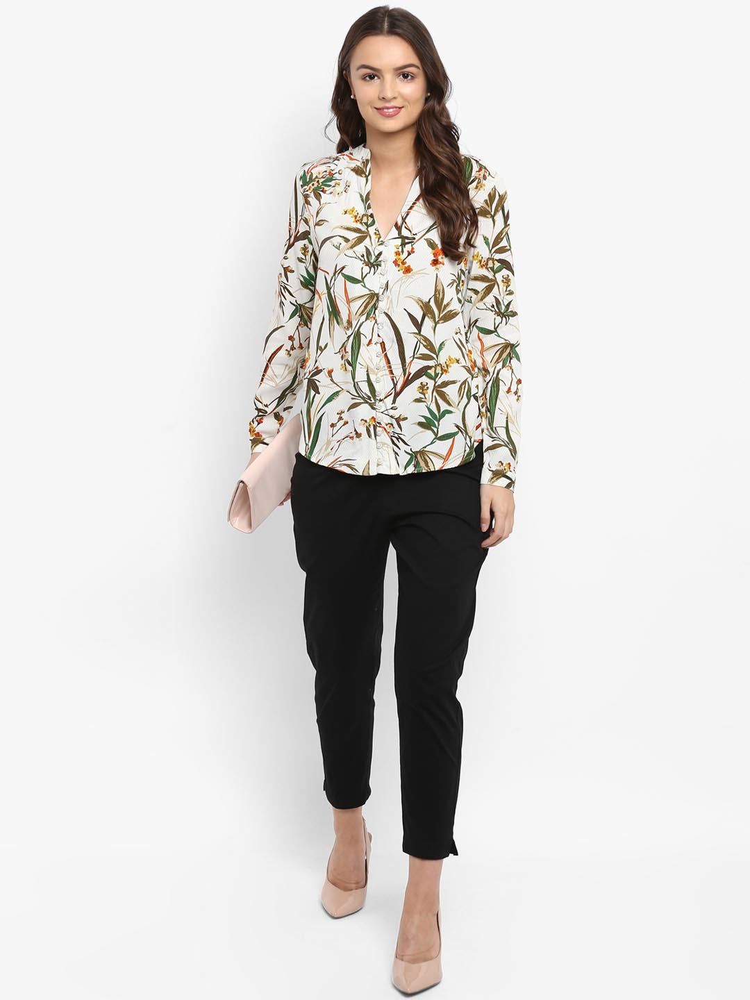 Buttoned V Neck Tropical Print Blouse