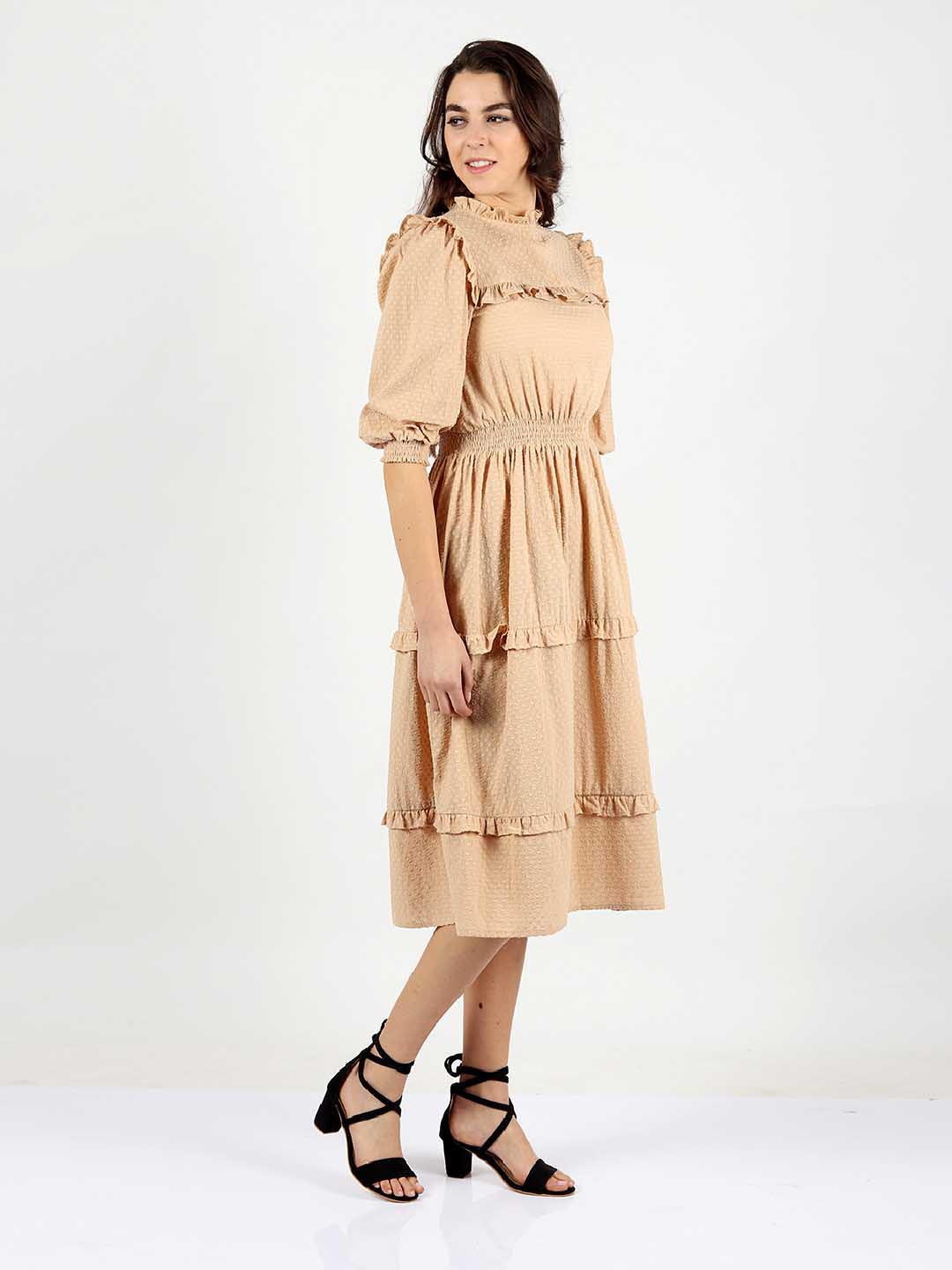 Beige Frill-Trimmed Dobby Dress