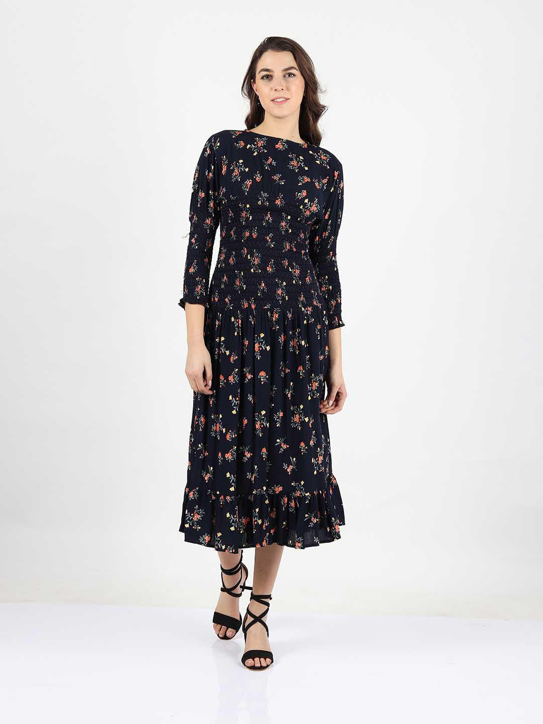 Navy Blue Printed Dress With Smocking